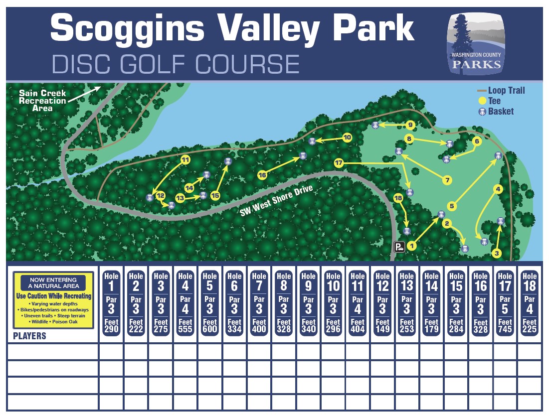Scoggins Valley Park Disc Golf course map and scorecard